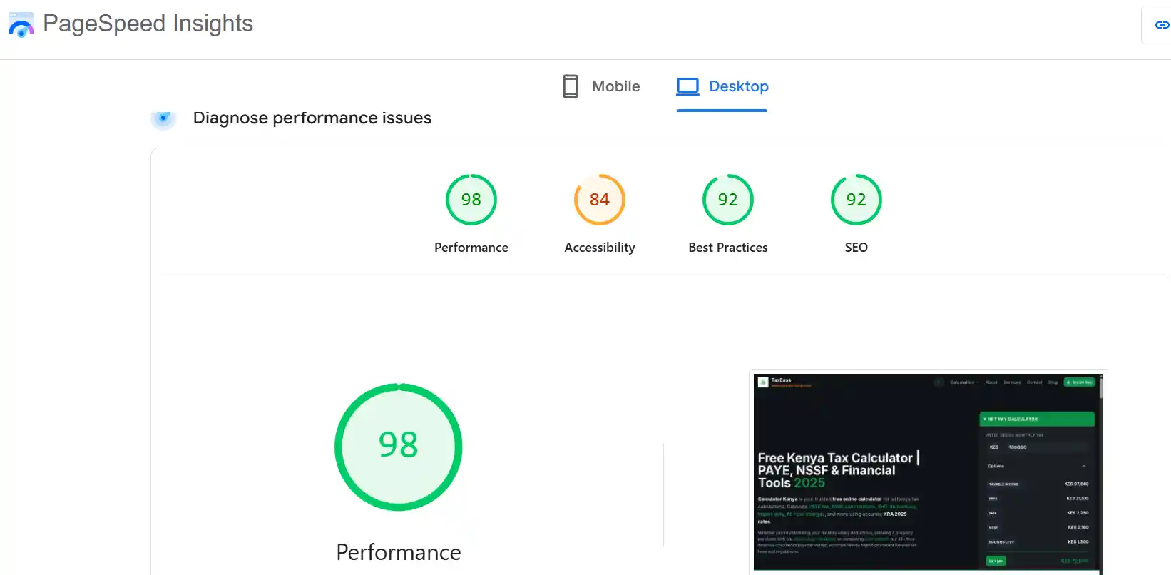 Google PageSpeed Insights showing 98 Performance, 84 Accessibility, 92 Best Practices, 92 SEO scores for Top Calculator website